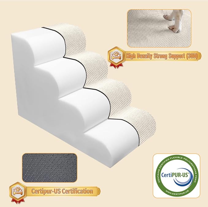 PAWSCART Dog Stairs for Small Dogs and Cats, 4-Step Dog Steps for Bed, 19.6" H Pet Stairs for High Bed, Pet Ramp for Couch, Sofa, Non-Slip Surface Removable Washable Cover, Beige