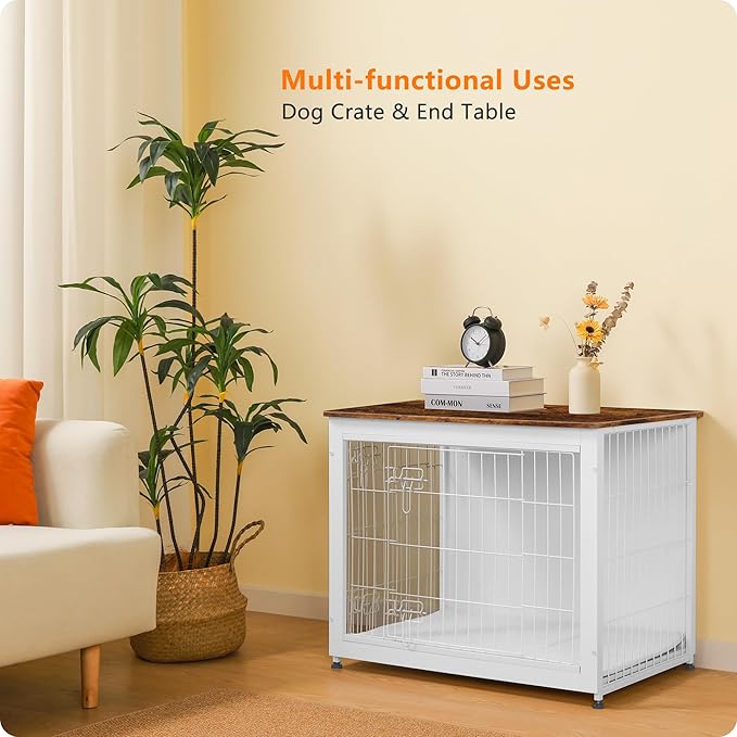 DWANTON Dog Crate Furniture with Cushion, Wooden Kennel Table with Double Doors, Indoor Dog House, Medium Size, 32.5" L, White+Rustic Brown