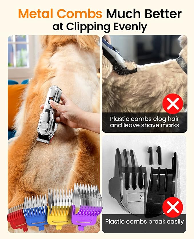 oneisall Dog Clippers for Grooming Thick Hair Professional,Cordless/Low Noise Pet Grooming Kit with Detachable Metal Combs, Rechargeable Heavy-Duty Pet Clippers for Thick/Curly/Fine/Wavy Hair (Sliver)