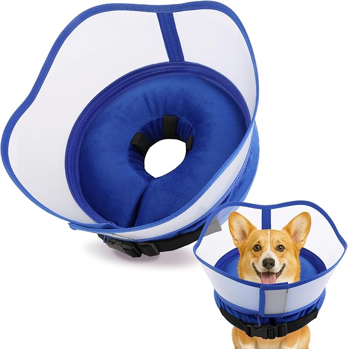 Soft Dog Cone Collar, Inflatable Donut Cones Alternative After Surgery with No-Lick Shield for Large/Medium/Small Dogs to Stop Licking, Elizabethan Neck Ecollars of Shame Comfy Pillow Recovery Blue