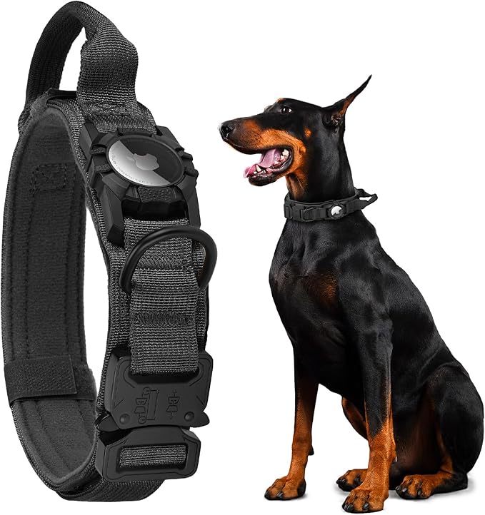 Waterproof Tactical Dog Collar with AirTag Holder - Heavy Duty Adjustable Collar for Medium to Large Dogs, Control Handle & Apple AirTag Compatible [Black,