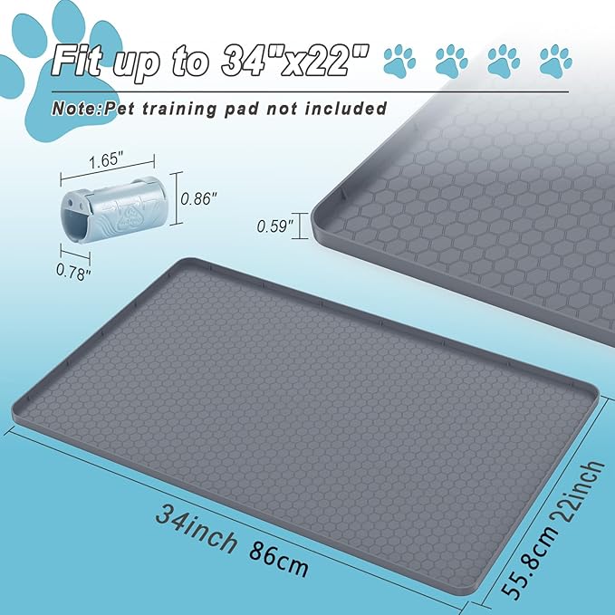 Pee Pad Tray Holder for Dogs, Extra Large Soft Silicone Pet Pad Holder 34" x 22" Pee Pads, Non-Slip High Edge for Leak-Proof Urine, Floor, Cat Litter Mat with Complimentary 6 Clamps