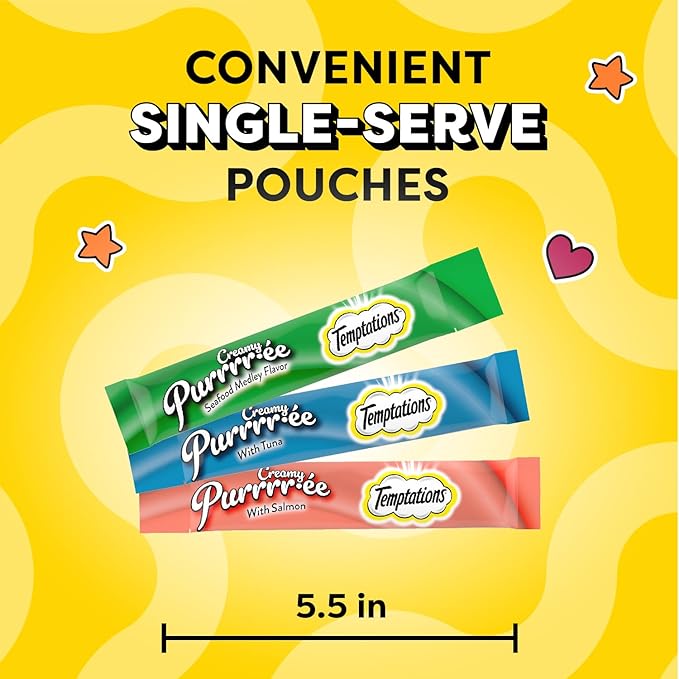 Temptations Creamy Puree Mix-Ups Squeezable Lickable Wet Cat Treats, Tuna Flavor, Salmon Flavor, and Seafood Medley Flavor, 0.42 oz. Tubes, 24 Count