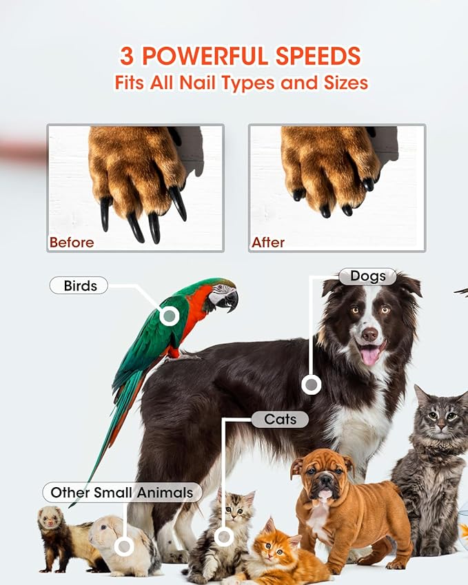 Super Powerful Dog Nail Trimmers, Dog Nail Clipper and Dog Nail Grinder Combo, Ultra Quiet, 3 Speeds, 4 Bright Lights, with Travel Lock, for Small, Meddium and Large Dogs, Cats, Small Animals