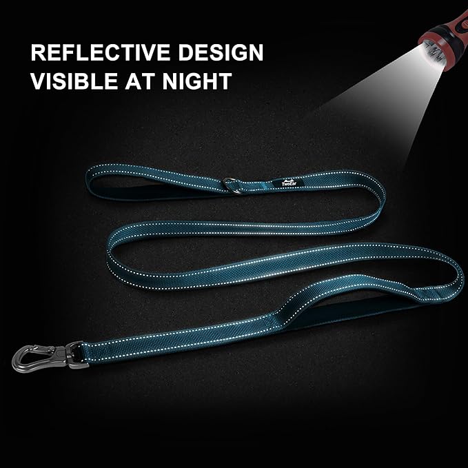 TwoEar 6FT 1IN Strong Blue Dog Leash with 2 Padded Handles, Traffic Handle Extra Control, Comfortable Soft Dual Handle, Auto Lock Hook, Reflective Walking Lead for Small Medium and Large Dogs