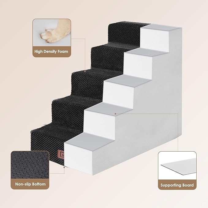 EHEYCIGA Dog Stairs for High Bed 22.5" H, 5-Step Dog Steps for Bed, Pet Steps for Small Dogs and Cats, Non-Slip Balanced Pet Ramp Indoor, Black