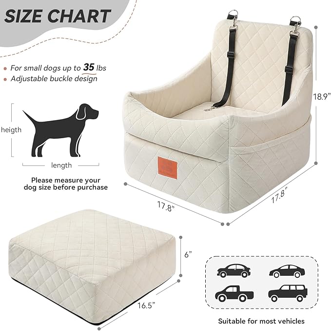 Dog Car Seat for Small/Medium Dogs, Dog Booster Car Seats with Thick Cushion for Dogs Under 35lbs, Detachable Washable Pet Carseat with Storage Pockets, 2 Safety Belts(Beige)