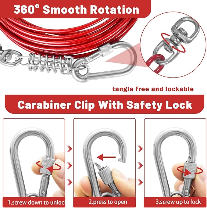 Dog Tie Out Cable - 10/15/20/25/30FT Heavy Duty for Large Dogs Up to 250LBS - Rosy Pink/Blue/Purple/Silver/Red/Green/Yellow