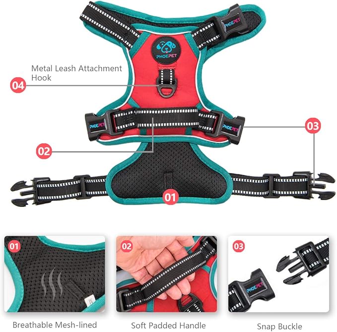 PHOEPET 2019 Upgraded No Pull Dog Harness, Reflective Adjustable Vest, with a Training Handle + 2 Metal Leash Hooks+ 3 Snap Buckles +4 Slide Buckles(S, Red)