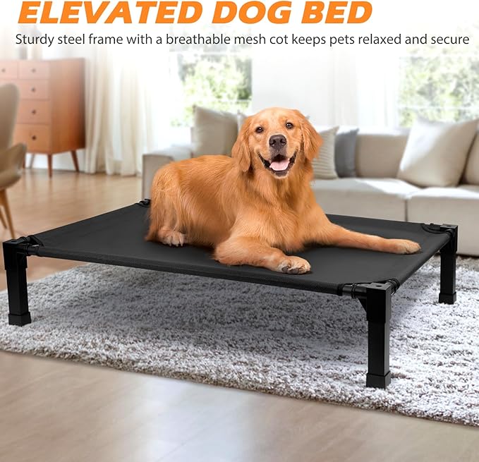 Heeyoo Elevated Dog Bed, Cooling Raised Pet Cot with Chew Proof Washable Breathable Mesh and Metal Frame, Portable Dog Cot Bed with No-Slip Feet for Outdoor or Indoor Use
