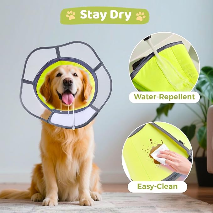 Soft Dog Cone Collar After Surgery Recovery,Adjustable E-Collar with Removable Shield,Lightweight,Breathable Anti-Licking Protective Cone for Large,Medium,Small Pets (Neon Green, L (Neck:15.5''-19''))