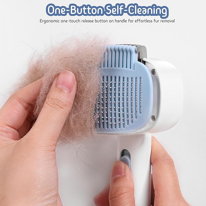 Self Cleaning Slicker Brush, 2-in-1 Cat Brush for Shedding, Skin Friendly Grooming Tool for Long & Medium-Long Hair Pets, Adjustable Bristle Length with Dematting Comb for Cats, Dogs (Blue)