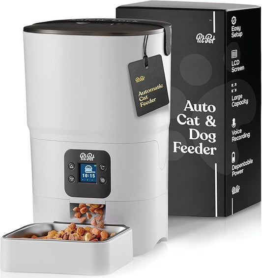 Smart Automatic Cat Feeder - 6-L Reliable Automatic Cat Food Dispenser with Display LCD Screen for Easy Set Up - (White)