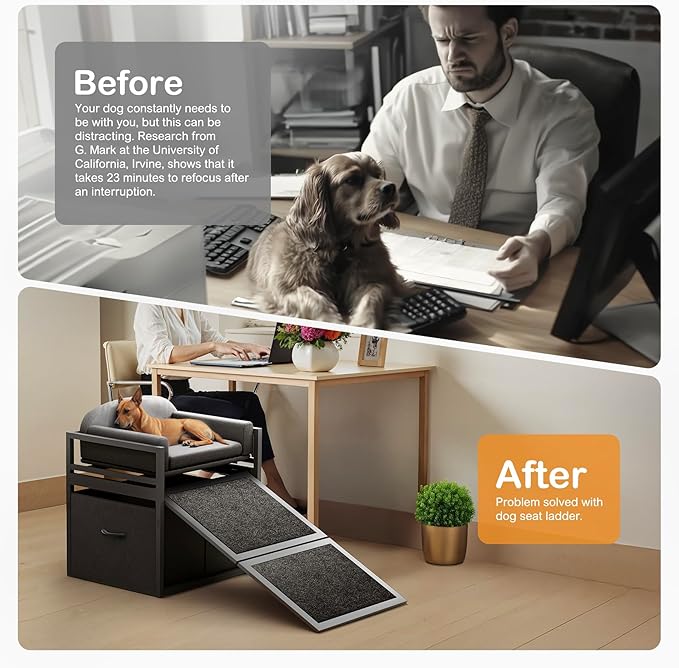 Pet Stairs Ramp Doggie Stairs with Seat & Storage Drawers,Extra Wide Seat Mate Chair Puppy for High Bed Couch Office,Non Slip Dachshunds,Step for Small Dogs,Cat Ladder Grey(Hold Up to 100 lbs)