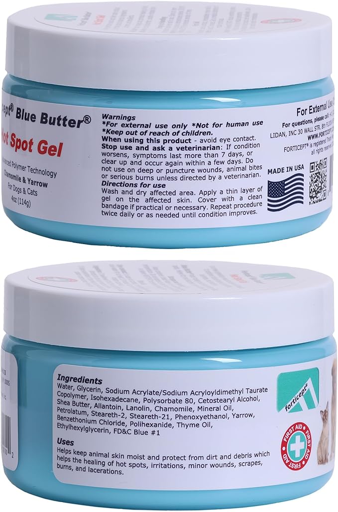Forticept Blue Butter – Hot Spot Treatment for Dogs | Dog Wound Care | Skin Yeast Infections, Ringworm, Cuts, Rashes, First Aid Veterinary Strength Topical Ointment 4oz