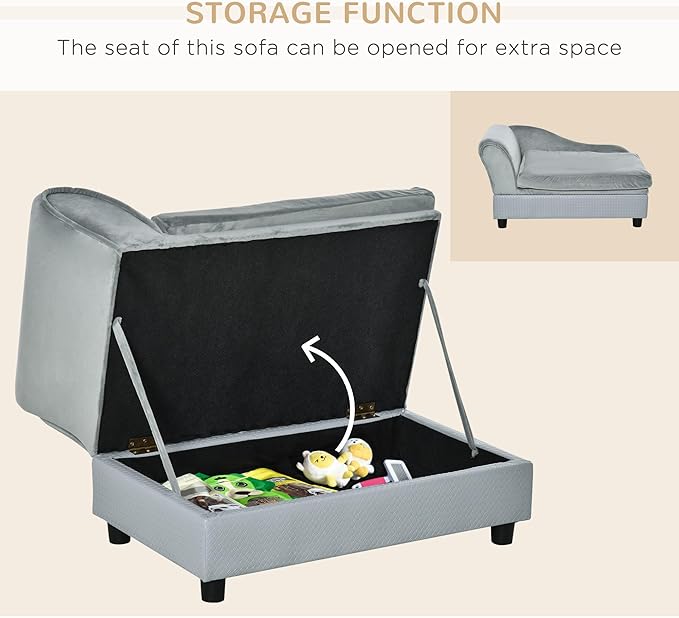 PawHut Luxury Fancy Dog Couch with Hidden Storage, Small Dog Sofa Bed with 2" Soft Foam, Modern Pet Furniture for Puppies & Little Breeds, Pale Gray