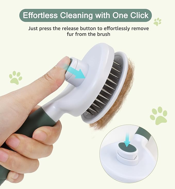 Pet Self-Cleaning Slicker Brush for Dogs & Cats, Deshedding Grooming Comb, Removes Loose Undercoat Hair & Mats, Skin-Friendly Massaging Tool for Long/Short Fur, Large & Small Breeds (Green)