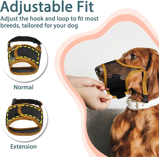 LUCKYPAW Dog Muzzle, Mesh Muzzle for Large Medium Small Dogs, Soft Mouth Guard for Biting Chewing, Breathable Mouth Guard with Adjustable Strap for Training(Brown, XL(Snout:11"-12.25"))