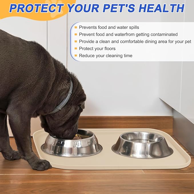 Silicone Pet Feeding Mat with Raised Edge for Food and Water, Dog Bowl Mats, Cat Bowls Placemat with High Lip for Floor Waterproof, Rubber Tray for Cats and Dogs 22 x 14 x0.8 White Sand