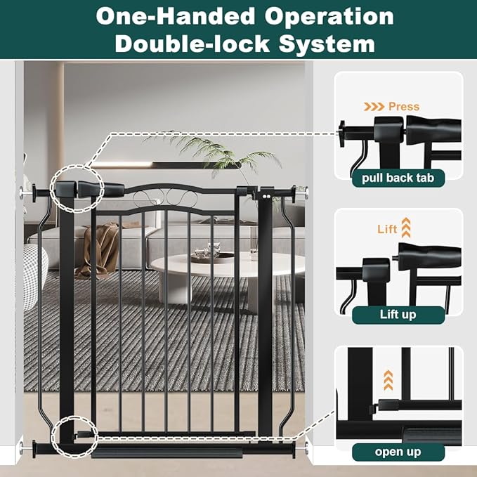29.53"-33.85" Mornyray Auto-Close Baby Gate Extra Wide, Pressure Mounted Dog & Pet Gate for Stairs Doorways, No Drill Safety Barrier with Lace Design, Metal Child Proof Gate Indoor Outdoor, Black
