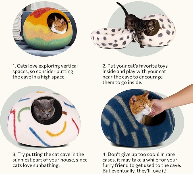 MEOWFIA Cat Cave – Premium Felt Cat Bed for Indoor Cats, Handmade 100% Merino Wool (Medium, Ivory Rainbow)