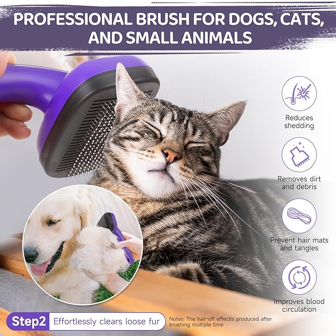 Dog Brush Kit – 3 PCS Grooming Set with Self-Cleaning Brush, Undercoat Rake & Pet Bath Brush. Great for Shedding, Tangles & Dirt Removal – Ideal for Long & Short Haired Dogs & Cats, Purple