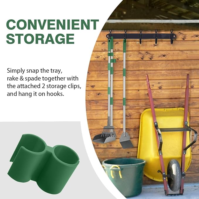 Pooper Scooper, Long Handle Dog Pooper Scooper, Heavy Duty Stainless Steel Rake with Tray & Spade Set for Pet Waste Removal, for Grass, Dirt or Gravel - Green