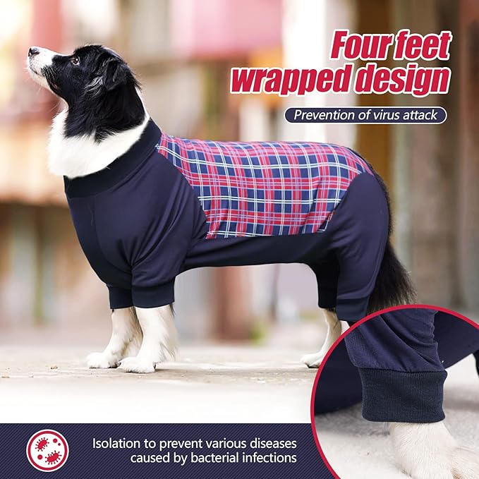 Dog Recovery Suit, Abdominal Wound After Surgery Wear, Anti Licking Bodysuit with Zipper, E-Collar & Cone Alternatives, Plaid Dog Spay Surgical Onesie Prevent Shedding(Large, Red)