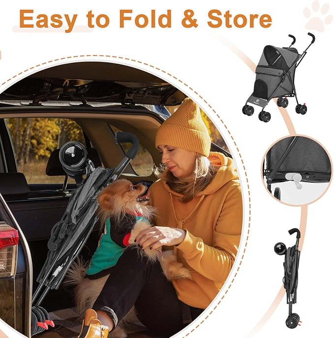 Wedyvko Travel Portable Dog Stroller, Pet Stroller for Small Puppy Dogs & Cats, Up to 33 lbs, Dark Grey