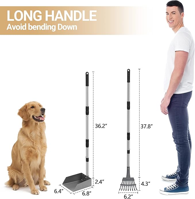 Heeyoo Dog Pooper Scooper, Dog Poop Tray and Rake Set, Pet Waste Removal Scoop with Long Adjustable Sectional Stainless Handles