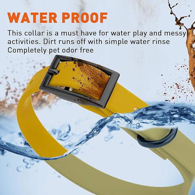 Dogline Biothane Waterproof Dog Collar Strong Coated Nylon Webbing with Black Hardware Odor- Proof for Easy Care Easy to Clean High Performance Fits Small Medium or Large Dogs, Treasure Gold