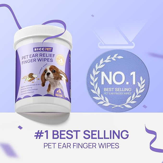 HICC PET Dog Ear Finger Wipes, Ear Cleaner Wipes for Dogs & Cats, Dog Ear Infection Treatment to Relief Itching & Inflammation, Remove Wax, Dirt & Stop Smelly, Non-Irritating, 50ct(Coconut Scent)