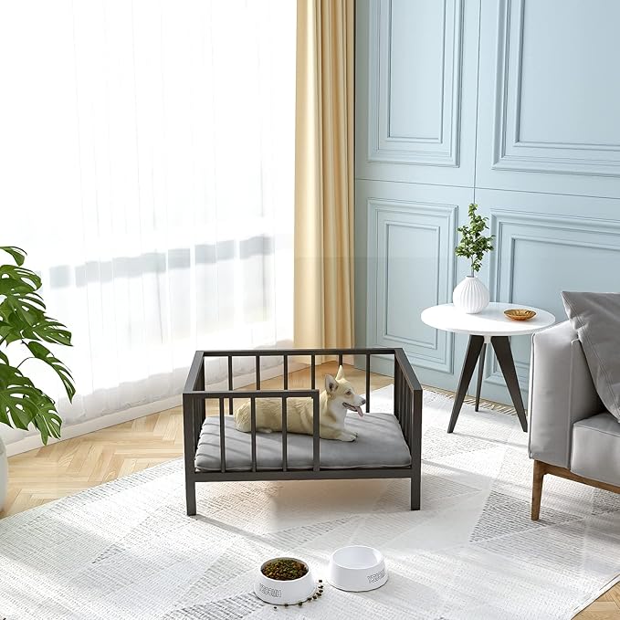 Dog Bed with Rails - Elevated Pet Metal Bed Frame with Solid Wood Board and Washable Soft Mat for Small Dog Indoor or Outdoor Use, 21.3" x 30", Black