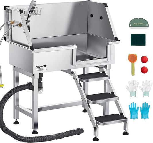 VEVOR Stainless Steel Dog Washing Station, 34 inch Pet Grooming Tub w/Storage Stairs, Faucet & Showerhead & Soap Holder Dog Bathtub, Pet Wash Station for Small Pets (Right Door)