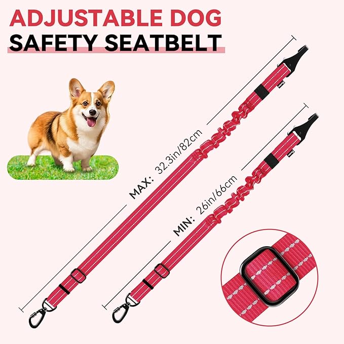 Pawaboo 2Pack Dog Seatbelt for Car, 3-in-1 Dog Seat Belt Bungee, Shockproof Dog Car Tether with Buckle & Hook Latch, Adjustable Reflective Dog Car Harness Leash with 360° Lockable Buckle, Red