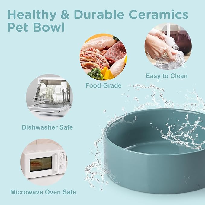 SPUNKYJUNKY Elevated Dog Bowls Ceramic, 8.3'' Dogs Food Water Bowls Raised with Non-Slip Bamboo Stand for Large Sized Breed Microwave Dishwasher Safe - 60 OZ,Dark Green