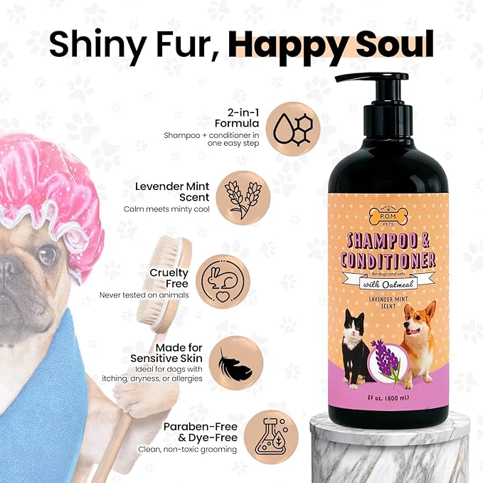 POM Pets 2-in-1 Organic Dog Shampoo & Conditioner – Itchy Skin Relief, Dog Deshedding, Detangles Fur, Cat Shampoo, Paw Cleaner for Dogs, Natural Coat Defense Formula