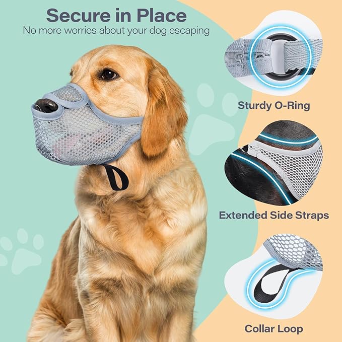LUCKYPAW Dog Muzzle for Large Medium Small Dogs, Patented Mesh Muzzle to Prevent Biting Chewing Eating, Soft Mouth Guard with Front Opening Design for Drinking Panting (Grey, XS)