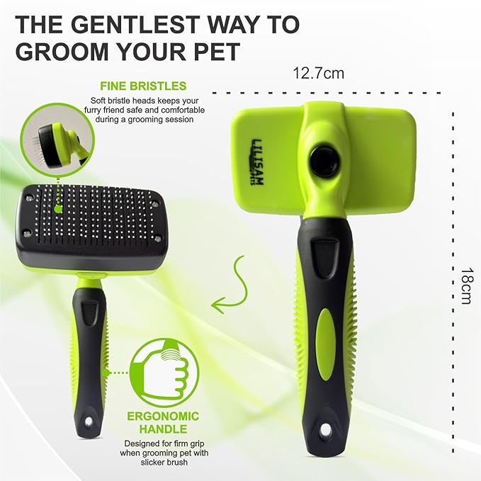 Pet Self Cleaning Slicker Brush and Grooming Comb - Gently Removes Loose Hair, Tangles, and Dirt - Skin Friendly Deshedding Grooming Tool for Hair Dogs & Cats - Pet Supplies Accessories (Green)