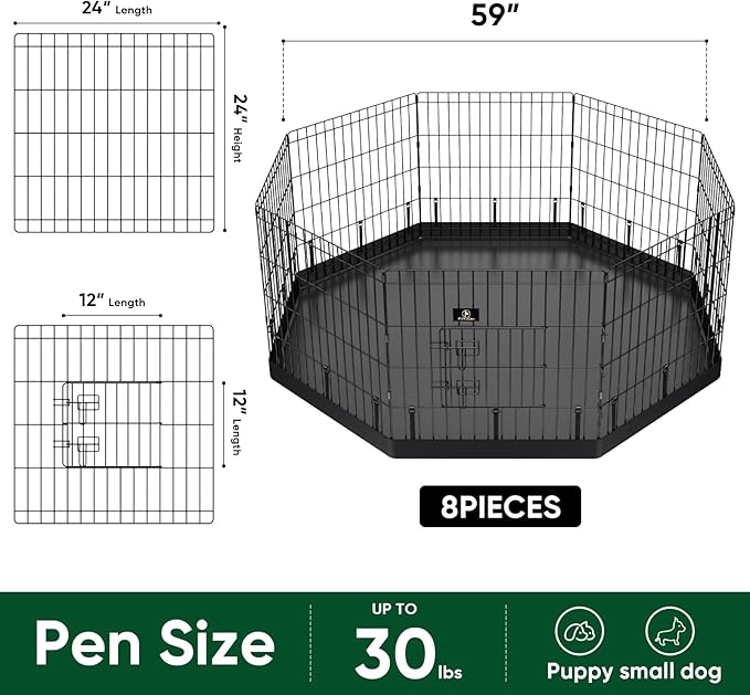 PJYuCien Dog Playpen, 8 Panels 24’’H Dog Pens Indoor with Bottom Pad, Metal Foldable Pet Puppy Exercise Fence Crate Kennel, Better for Small Animals, Black