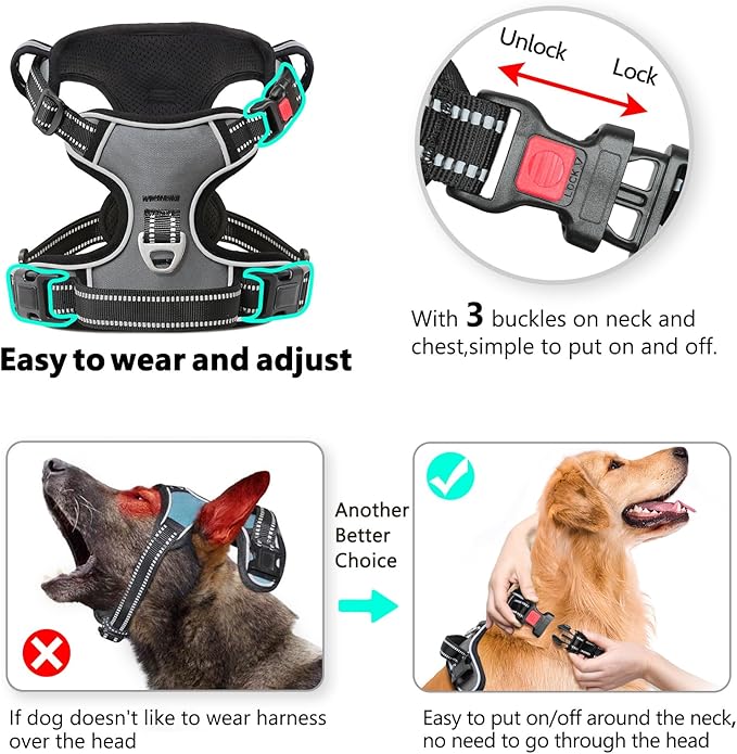Timos Dog Harness Medium Sized, No Pull with Neck Lockable Snap,No Choke Front Clip Dog Reflective Harness,Adjustable Metal Rings 3 Buckles,Easy Control Handle for Medium Dogs Gray M
