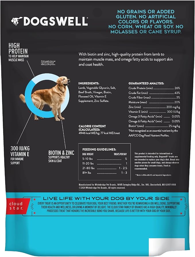 Dogswell Skin & Coat Jerky Dog Treats, Lamb, 10 oz. Bag