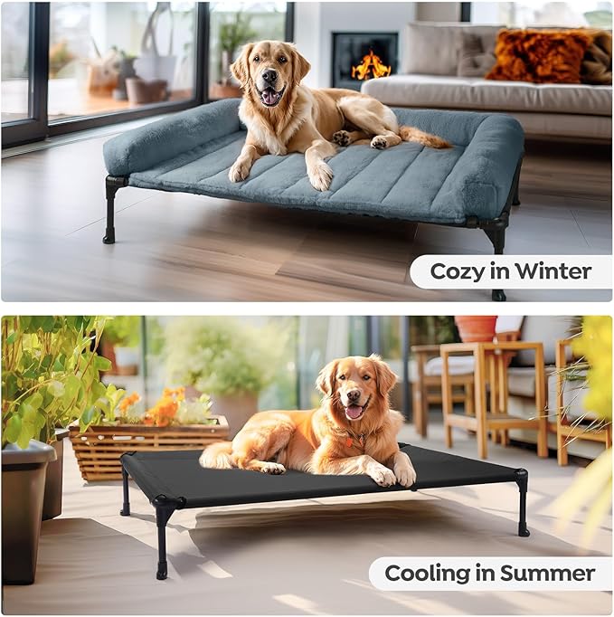 Veehoo Cooling Elevated Dog Bed with Fluffy Plush Bolster Cushion, Indoor Raised Dog Beds for Large Dogs, Soft Pet Sofa Cot with Removable Washable Mat, No-Slip Feet, 32 x 25 inches, Haze Blue
