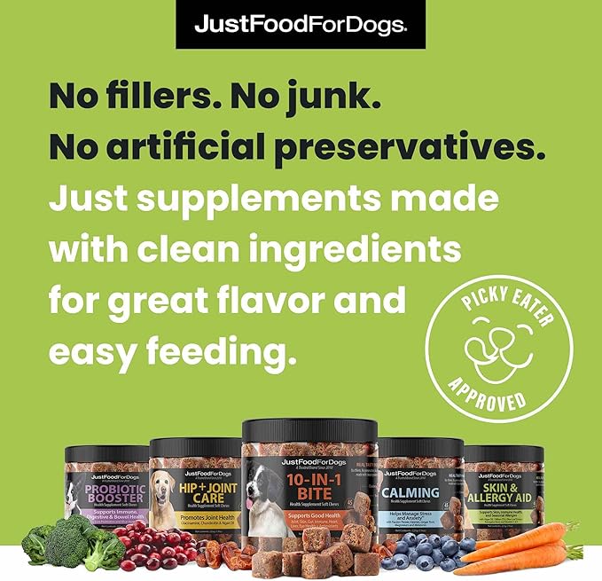 JustFoodForDogs Skin & Allergy Care Soft Chews Supplement for Dogs, Seasonal Allergies, Itchy Skin Relief, Inflammation, Immune Support - 45 Count