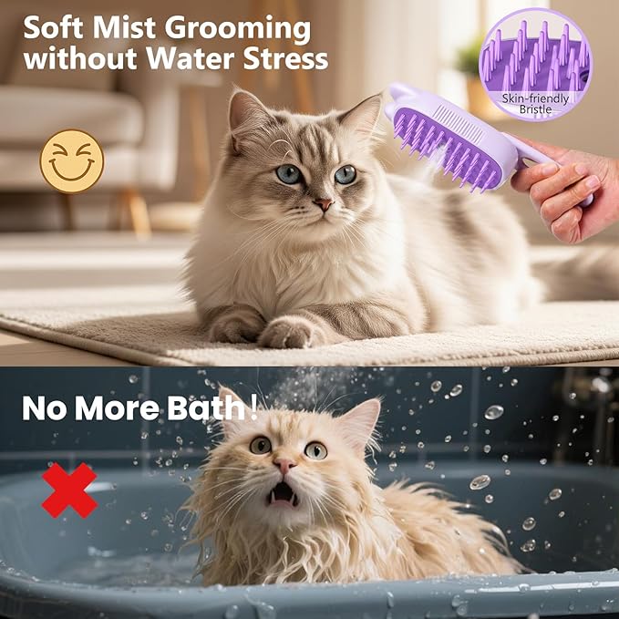 Rechargeable Cat Steam Brush with Mist Spray, 3-in-1 Pet Steam Brush for Long and Short Haired Cats and Small Dogs, Anti-Static, De-Shedding, Detangling, Massage, Purple Cat Design