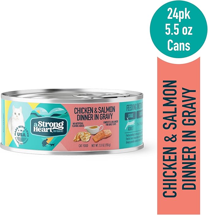 A Strong Heart Canned Wet Cat Food, Chicken & Salmon Dinner in Gravy - 5.5 oz Cans (Pack of 24), Made in The USA with Real Chicken & Salmon