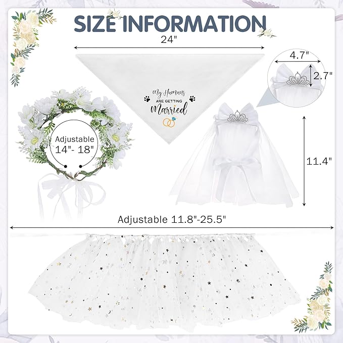 SCENEREAL Dog Bandanas Dress Set for Small Dogs, Dogs Wedding Outfit with Flower Collar Veil, Puppy Party Supplies Pet Tutu Skirt Costume