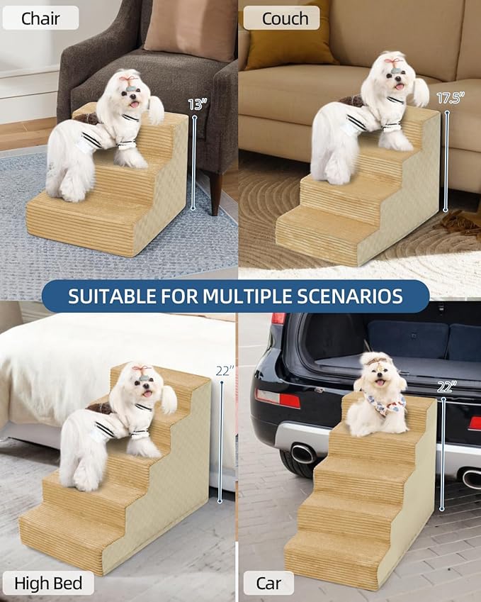 Dog Stairs for Small Dogs,22" H,5-Step Dog Steps for Bed and Couch with High Density Foam,Non-Slip Pet Steps for Doggy and Cat,Pet Stairs with a Washable Cover,Khaki