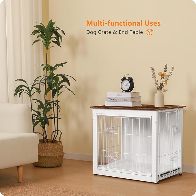 DWANTON Dog Crate Furniture with Cushion, Wooden Kennel Table with Double Doors, Indoor Dog House, Small/Medium/Large Size, 27.2" L, White+Rustic Brown