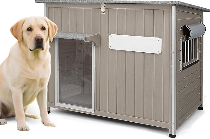 Large Dog House Outdoor XL Wooden Dog House with Weatherproof Asphalt Roof, Chew-Resistant Frame, Removable Floor, for Medium to Large Dogs Indoor Outdoor Use (Grey, 43.3"L x 29.5"W x 33.5"H)